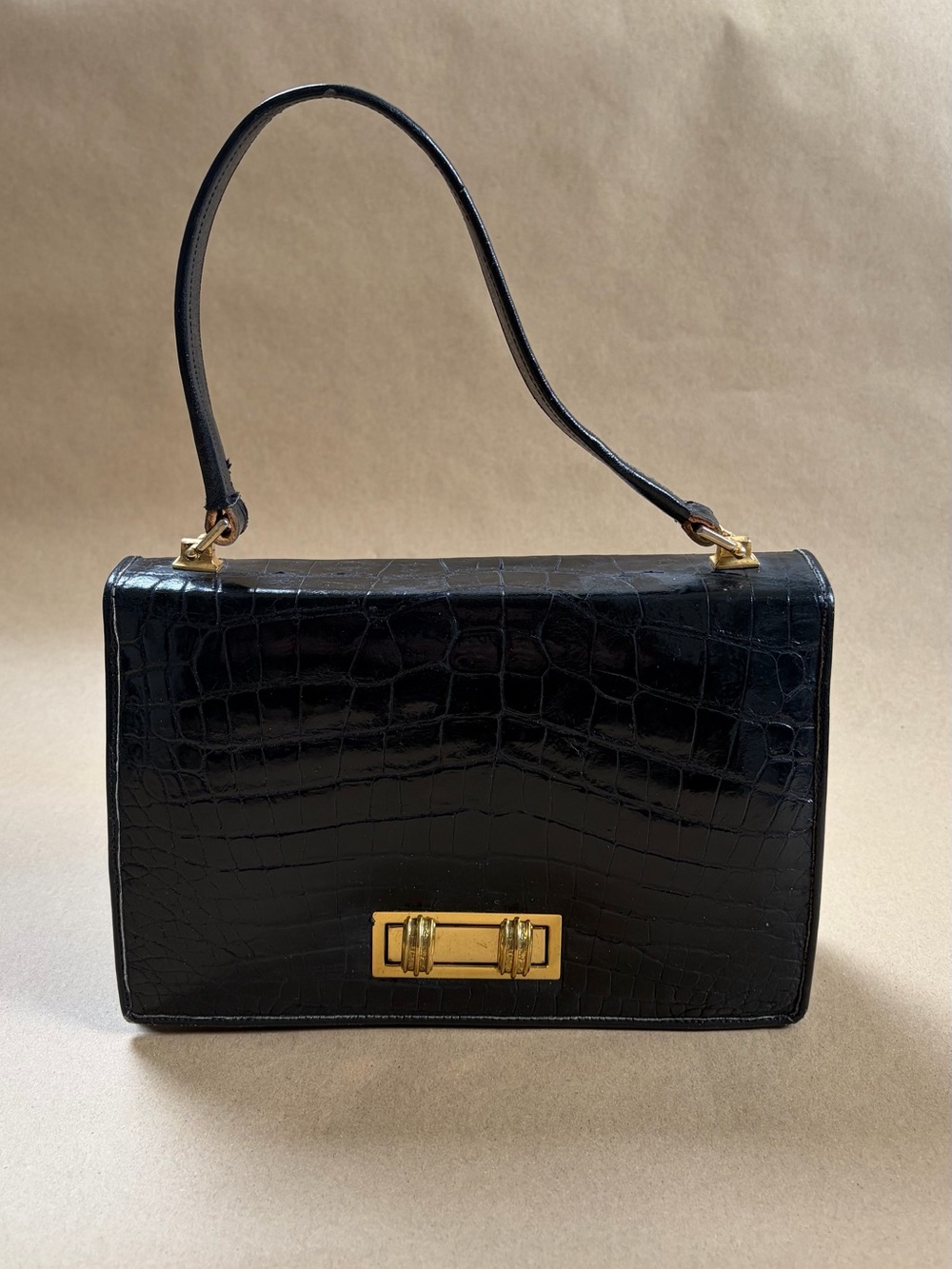 Vintage Black Crocodile-Embossed Handbag Gold Hardware